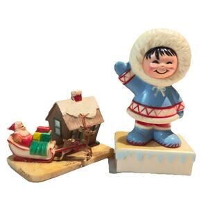 2 Vintage Celluloid Christmas Eskimo Baking Container Santa Sleigh Hong Kong